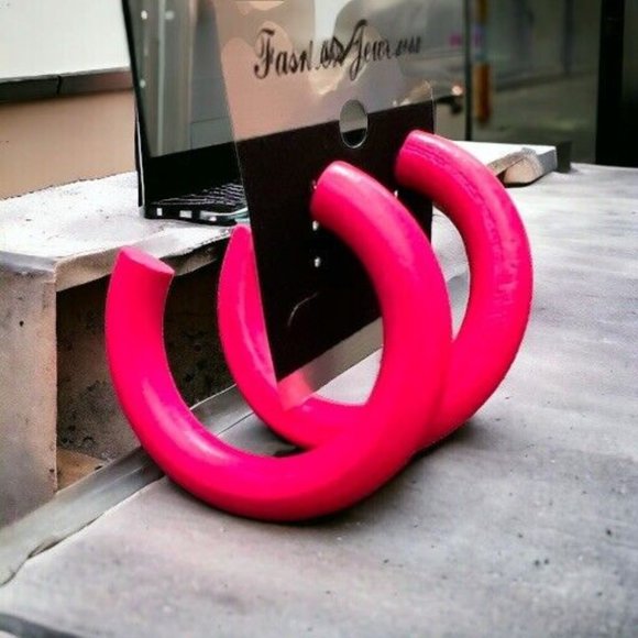 Hot Pink Open Hoop Wooden Stud Earrings - Picture 1 of 4